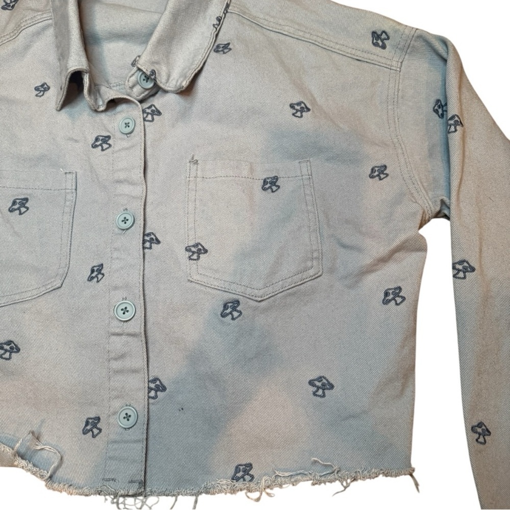 PacSun Women’s Dreamy Cropped Size M/L Mushroom Embroidered Denim Jacket - Picture 4 of 8